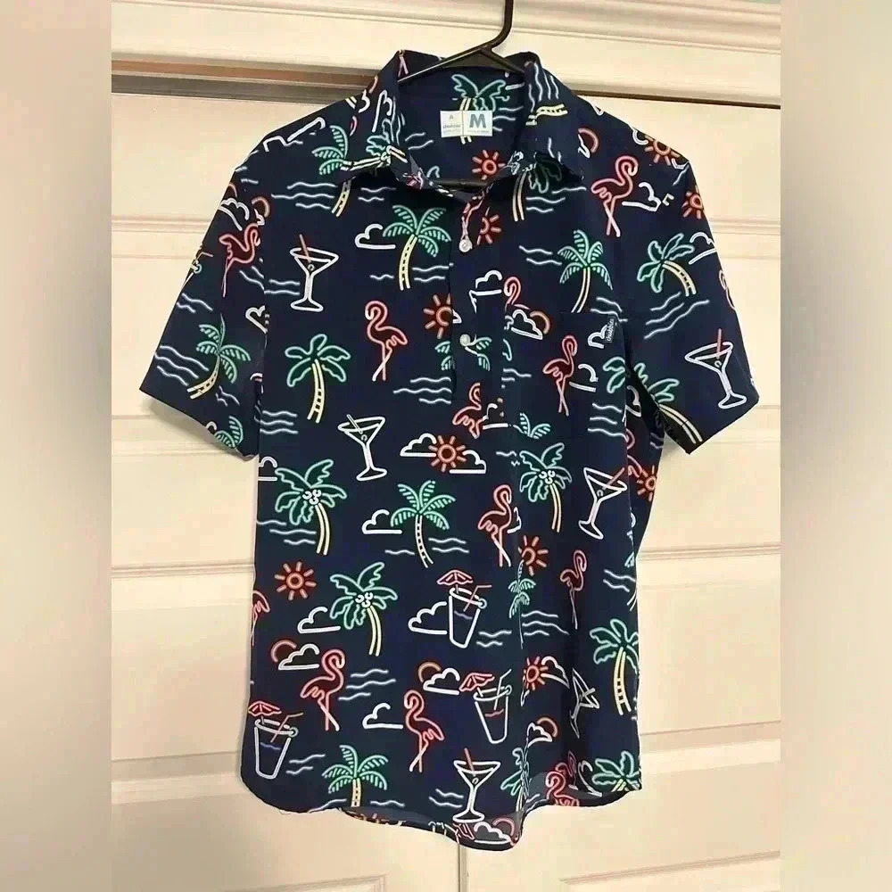 Chubbies Popover Shirt Men’s M Blue Neon Party Lights Flamingo Cocktail Palm